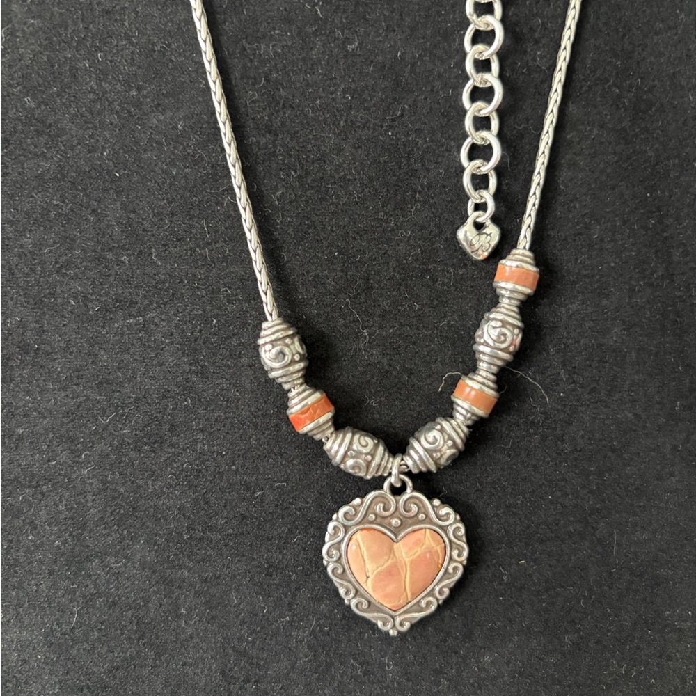 Brighton Silver Necklace with Tan/Silver Heart Pendant